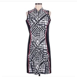 Tail Black & White Geometric Plaid Sleeveless Dress with Pink Piping